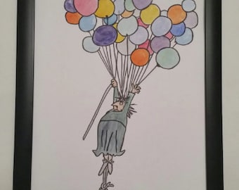 The Twits Watercolour Painting Roald Dahl Quentin Blake Hand Painted Balloons Mrs Twit