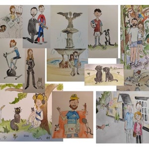 Retratos personalizados pintados a mano Estilo Quentin Blake Familia Parejas Bodas Aniversario Compromisos