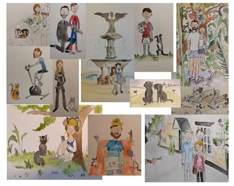 Hand painted Custom Portraits Quentin Blake Style Family Couples Weddings Anniversary Engagements