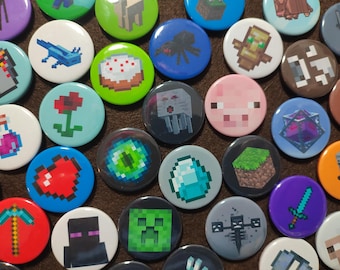 Minecraft Kids Children's Button back pins Fun Bright token gifts, Christmas stocking fillers, party bag, creeper Badge Small 25mm games