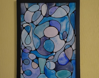 Abstract Watercolour Painting Squiggles Pebbles Shades of Blue A3 OOAK