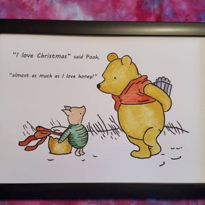 Hand Painted Watercolour A4 Winnie the Pooh Painting A. A. Milne Christmas Tree Gift