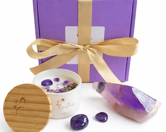 Caja de regalo Ritual de Lavanda, Vela de Soja de Amatista y Set de Jabón de Cristal, Regalo de Cumpleaños para Ella, Regalo para un Baño Relajante