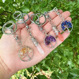 Crystal Keyring Gemstone Keychain Gift for Her and Him Tree of Life Keyring Point Crystal Keychain Healing Crystals Gift Amethyst Etsy