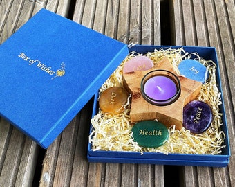 Healing crystals set, Christmas gift, engraved stones, lavender candle, Box of Wishes, wooden star, words on stones, gemstone gift set