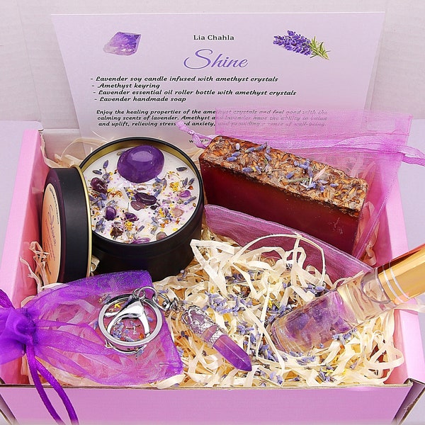 Mother's Day Gifts, lavender candle with amethyst crystals, amethyst keyring, lavender essential oil, lavender soap, relaxing pamper for her