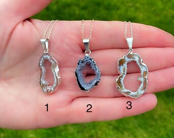 925 Sterling Silver Orange White Agate Quartz Geode Slice Pendant Chain Necklace