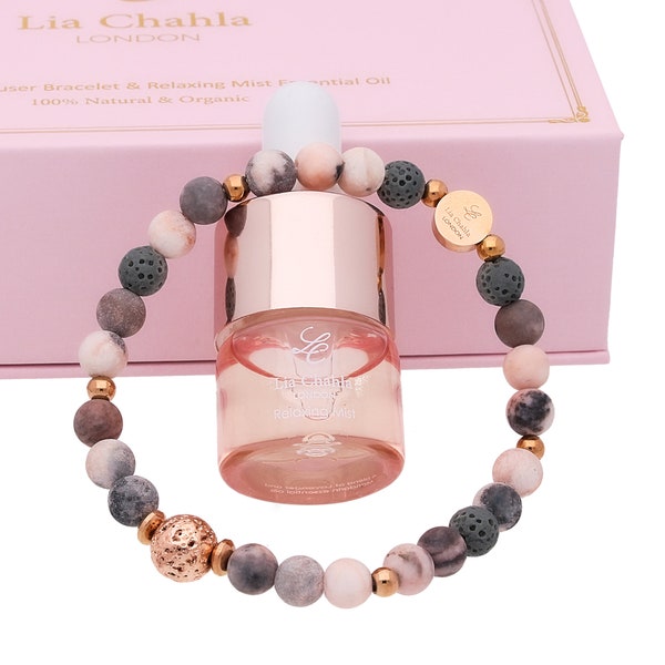 Bracelet d'aromathérapie avec coffret cadeau d'huiles essentielles, bracelet en jaspe zébré rose et pierre de lave, huile essentielle de brume relaxante, cadeaux pour la fête des mères