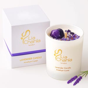 Luxury Lavender Candle gift for Relaxation, Crystal Candle with Amethyst, Anxiety Stress Relief Candle, Aromatherapy Soy Candle, Birthday