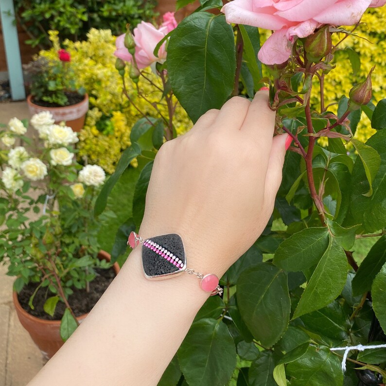gemstone link bracelet statement jewelry sterling silver Rose Quartz bracelet gift for her adjustable bracelet Lava Rock Bracelet
