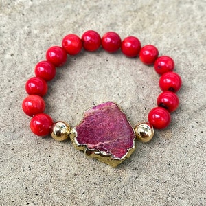 Coral Beaded Stretch Bracelet: Sea Sediment Jasper Slice, 14K Gold Filled
