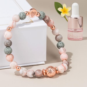 Roze zebra jaspis armband lavasteen, armband aromatherapie etherische olie, roségouden kralenarmband, angstverlichting cadeau voor vrouwen