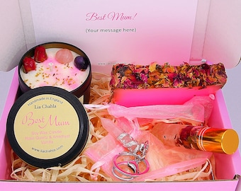 Best Mum hamper, Mother's day gift, vanilla scented candle with crystals, crystal keyring, rose essential oil, Rose soap, mothers day candle