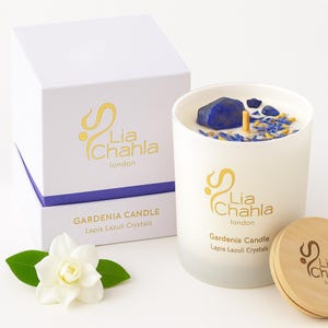 Vela de lujo con gardenia infundida con cristal de lapislázuli, velas de aromaterapia, regalos para hombres y mujeres, cristal curativo, regalo de cumpleaños para recuperarse.