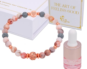Anti Anxiety Bracelet for Her – Aromatherapy Jewellery for Women – Stress Relief Gifts - Pink Zebra Jasper & Relaxing Essential Oil Set