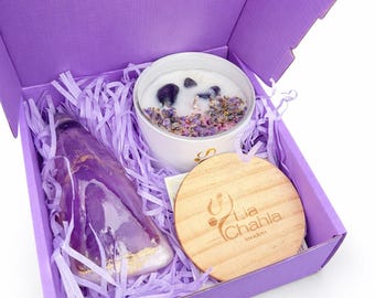 Conjunto de presente Ritual de Lavanda, Vela de Soja Ametista e Sabonete de Cristal, Presente de Aniversário para Ela, Presente para Banho Relaxante