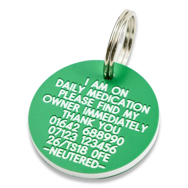 Deeply engraved 3mm thick plastic dog tag, 33mm Round