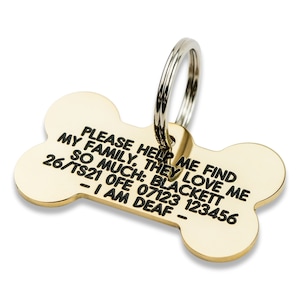 Deeply engraved solid brass dog tag, Bone shape, medium 45mm x 26mm