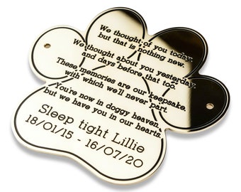 8" paw print shape solid brass engraved nameplate, pet memorial