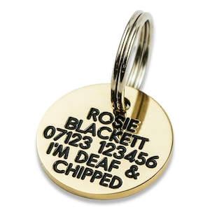 Deeply engraved solid brass dog tag, 21mm Round