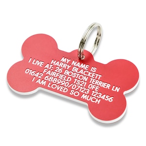 May include: Red bone-shaped dog tag with white text. The text reads: "My name is Harry Blackett. I live at: 26 Boston Terrier Ln. Fairfield TS21 OFE. 01642 688990/07123 123456. I am loved so much."