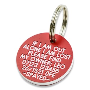 Deeply engraved 3mm thick plastic dog tag, 27mm Round