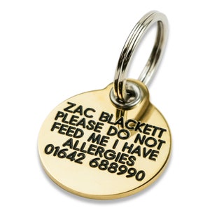 REINFORCED Deeply engraved solid brass dog tag, 27mm round