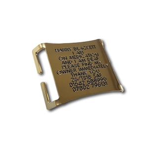 Easy fit agility dog tag, solid brass with deep engraving, fits collars 33mm wide