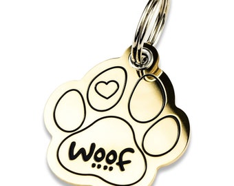 Deeply engraved solid brass Woof Paw Shaped Dog Tag, large reinforced 41mm x 45mm