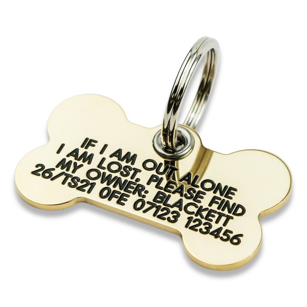 REINFORCED Deeply engraved solid brass dog tag, 43x25mm bone