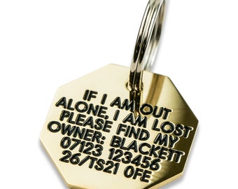 Deeply engraved solid brass dog tag, 28mm Octagonal