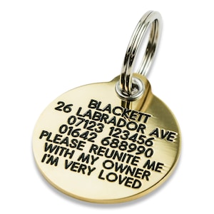 REINFORCED Deeply engraved solid brass dog tag, 33mm round