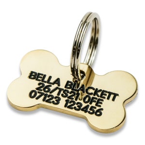 Deeply engraved solid brass dog tag, Bone shape, extra small 28mm x 17mm