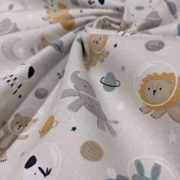 100% Brushed Cotton - Space Animals - Childrens Fabric - Blanket Fabric - Flannel - cut to size - fabric by the meter - quilting cotton