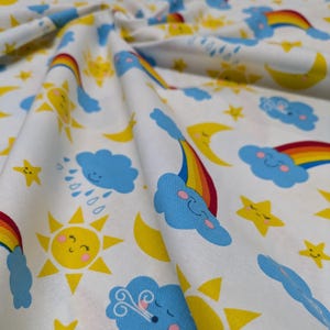 Tissu en coton météo au mètre - Arcs-en-ciel, soleil, nuages - courtepointe, couture, couture, couture, fabrication de poupées, travaux manuels pour enfants, adapté aux débutants