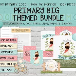 May include: A printable set of 100+ pieces for LDS Primary, themed around the Book of Mormon. The set includes bulletin board decorations, door signs, lists, posters, and more. The image shows a variety of colorful printable items, including a primary spotlight, a circle of faith, birthdays, scripture, home study, come follow me, baptisms, and a book of Mormon poster.