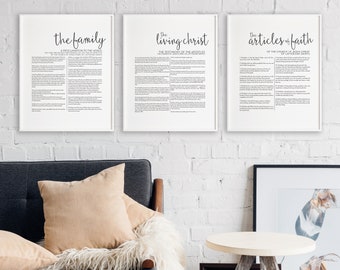 Set Of 3: Script Family Proclamation, The Living Christ, & Articles of Faith, LDS Printable, Digital Download, Modern LDS Art