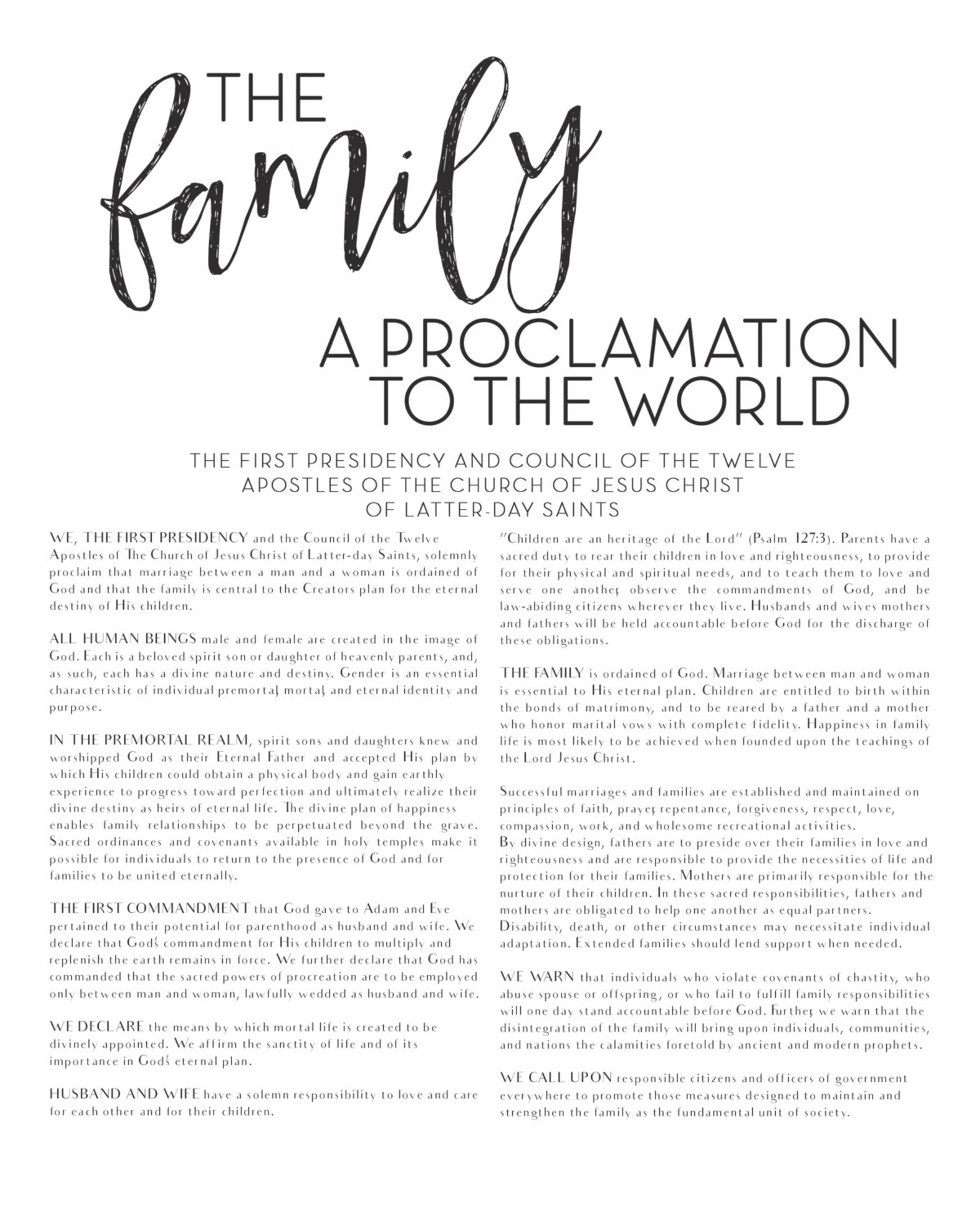 Free Printable The Family A Proclamation To The World