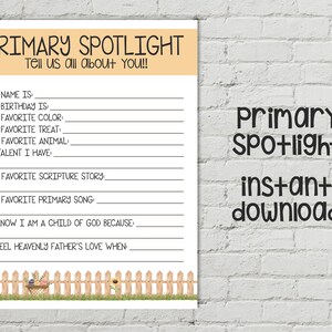 Peut inclure: Une feuille de travail imprimable intitulée "Primary Spotlight" avec un fond jaune et une bordure blanche. La feuille de travail contient une liste de questions pour que les enfants répondent à propos d'eux-mêmes, comme leur nom, leur anniversaire, leur couleur préférée et leur animal préféré. La feuille de travail est décorée d'une petite illustration d'une clôture en bois et d'un panier de fleurs.