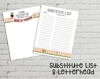 2020 LDS Primary Come Follow Me - Book Of Mormon - Substitute List & Letterhead