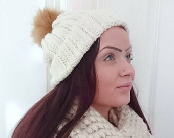 Crochet Slouchy Beanie: Cream Wool Blend Hat with Faux Fur Pom