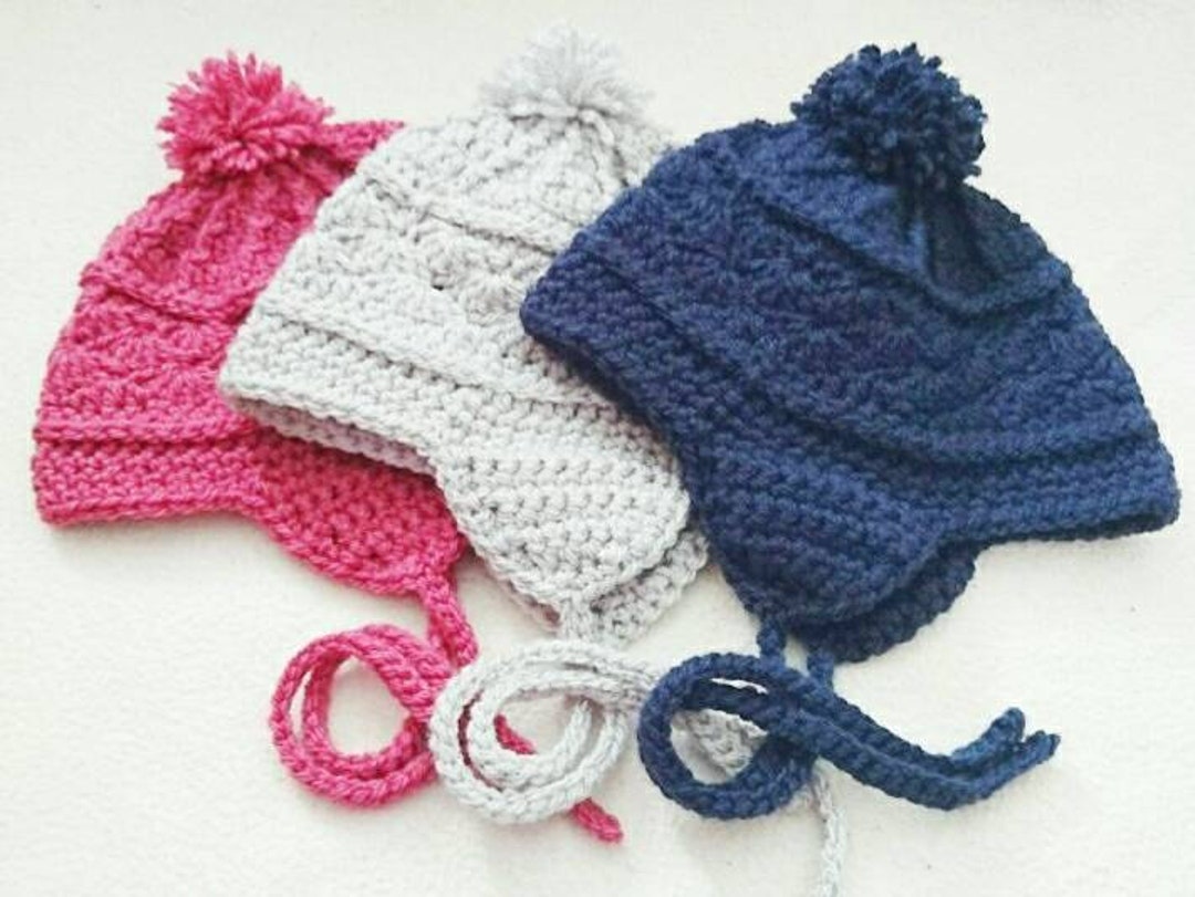 Baby Ski Hat, Crochet Baby Hat, Baby Hat, Baby Earflap Hat, Baby Winter Hat, 03 Months, Pom Pom