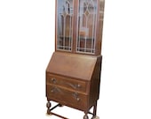 Vintage English Secretary Desk And Bookcase With Leaded Stained Glass, Relief Carving And Leather Insert