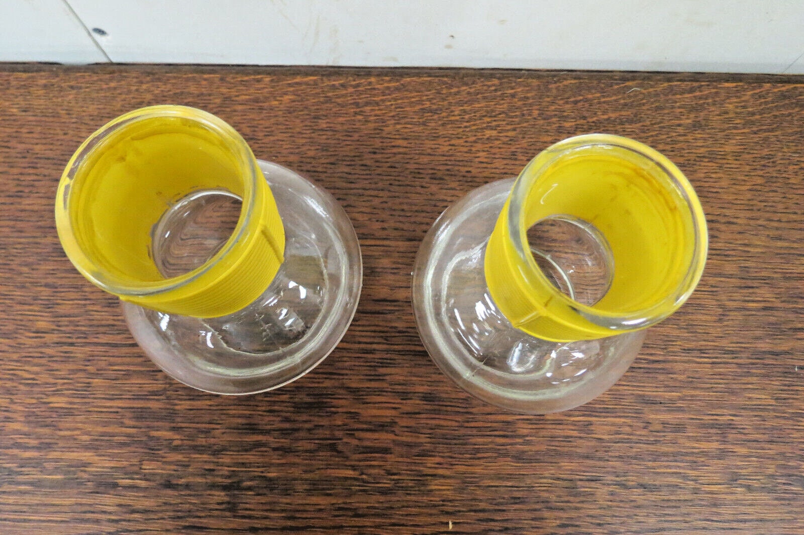 2 Vintage Mckee Hottle Glasbake Clear Glass Bottles With Yellow