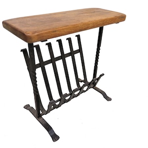 Newspaper Holder | Vintage English Oak Wood and Iron Magazine Rack