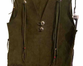 Vintage/ Retro / Groovy Handmade Leather Vest With Fringe , Concho’s & Beads