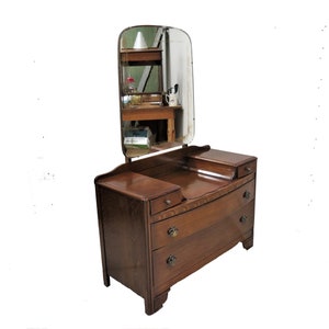 Mirrored Dresser | Vintage English Tiger Oak Dresser With Beveled Mirror