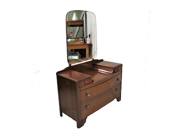 Mirrored Dresser | Vintage English Tiger Oak Dresser With Beveled Mirror