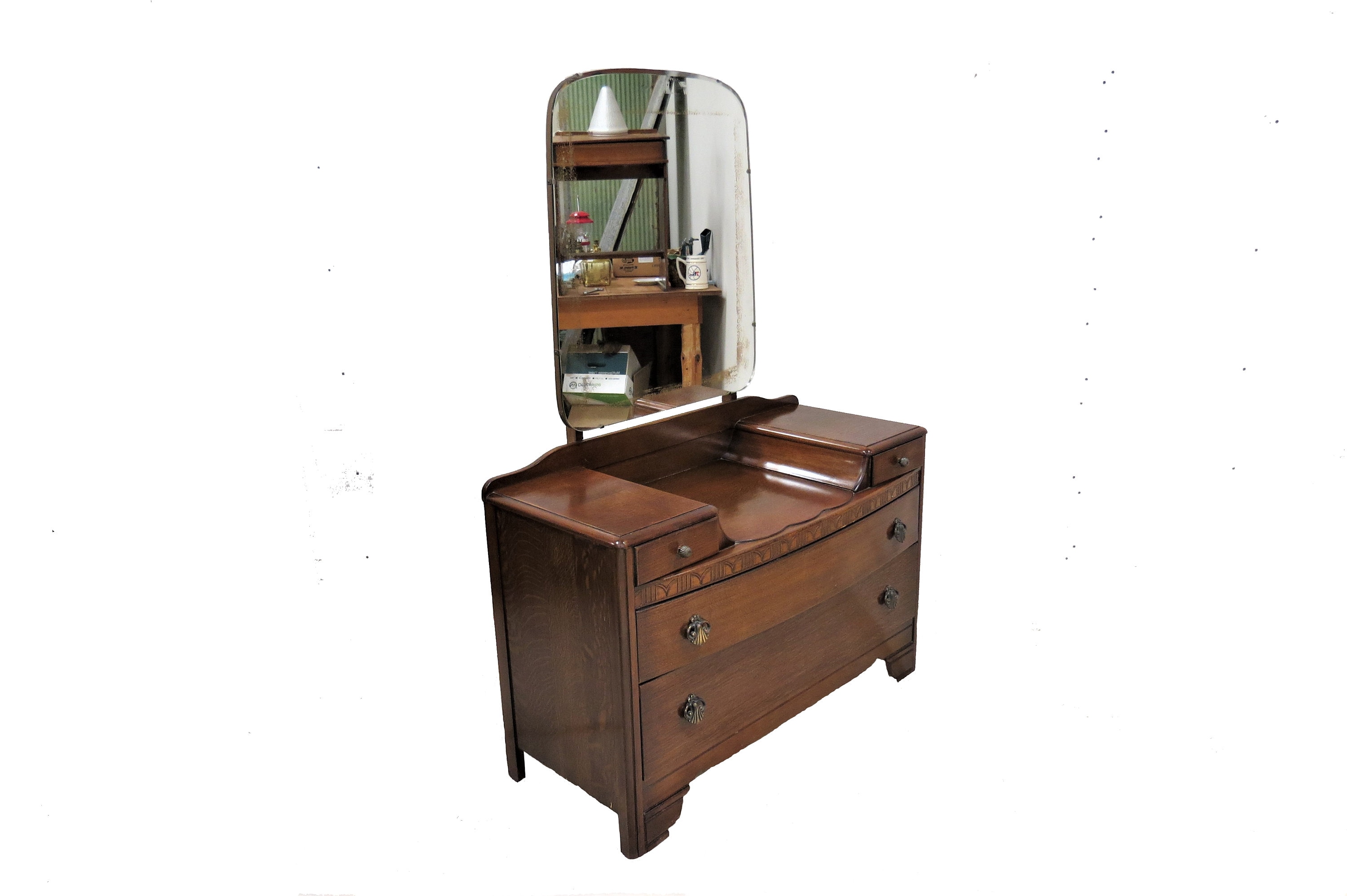 Mirrored Dresser | Vintage English Tiger Oak Dresser With Beveled