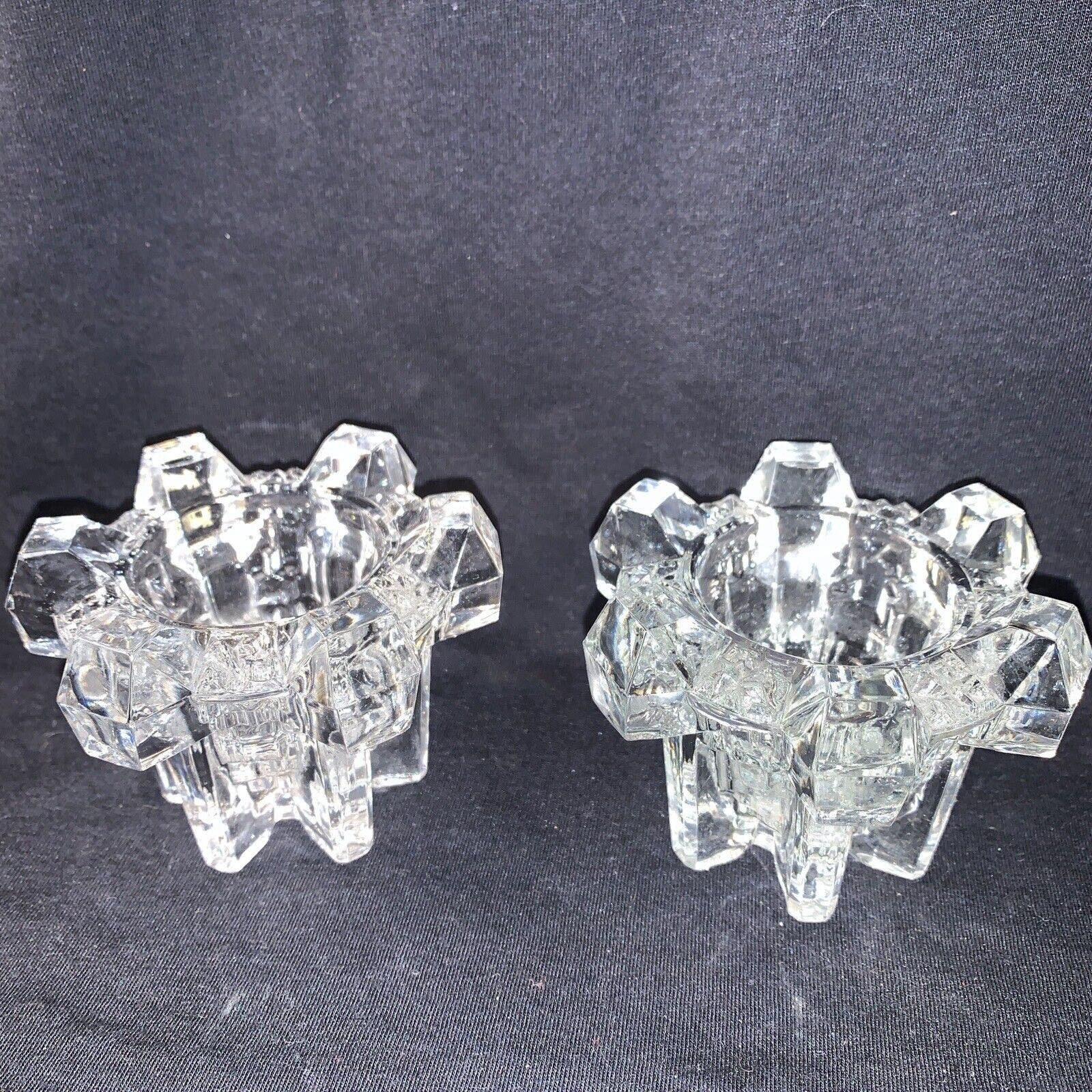 Vtg Pair Hadeland Norway Istid Cubist/ Carved Ice Crystal Candle Holders 